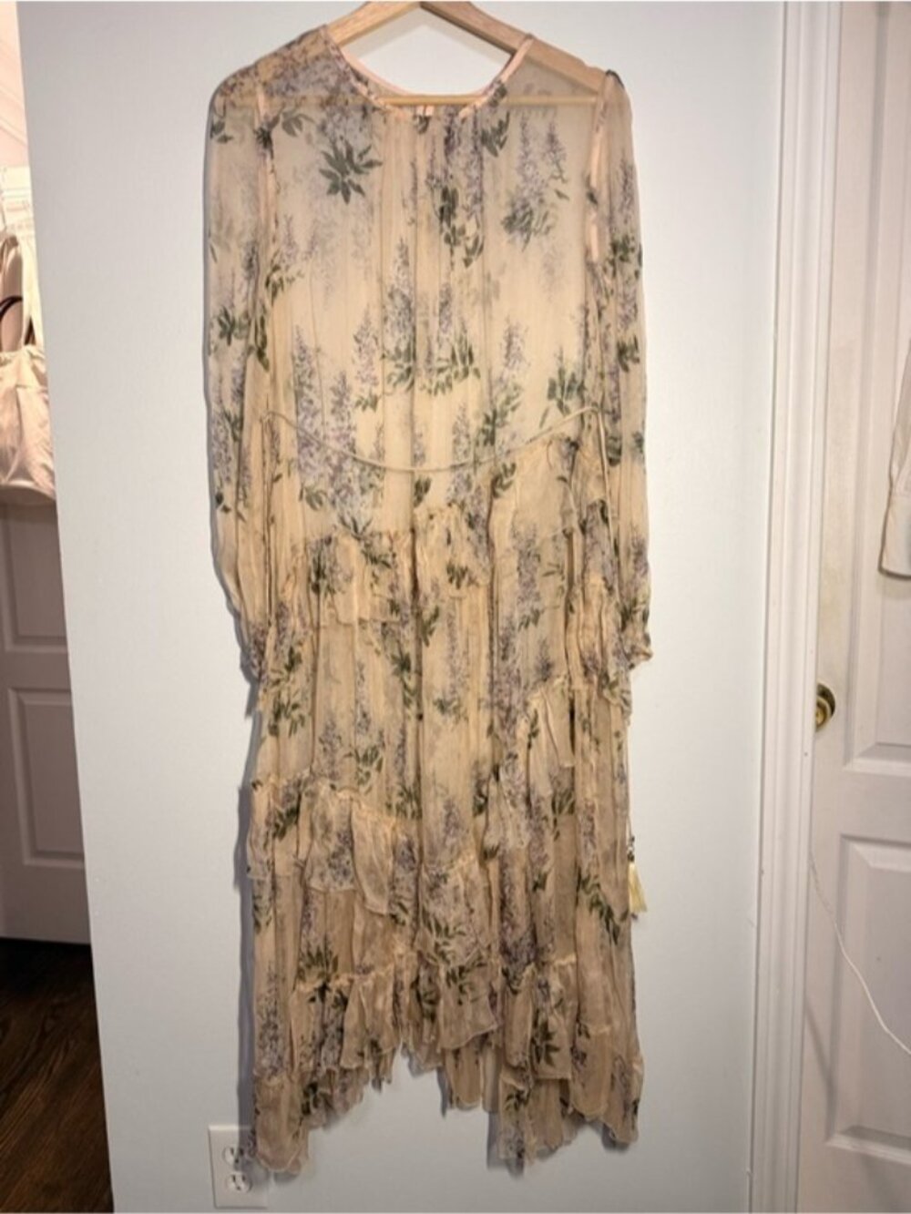 100% Silk Ethereal Floral Ruffled Sheer Dress size L - Picture 2 of 7